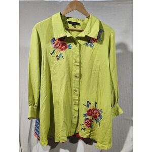 Caleoas Embroidered Floral Button Down Shirt Colorful Back Panel Women 2X Cotton